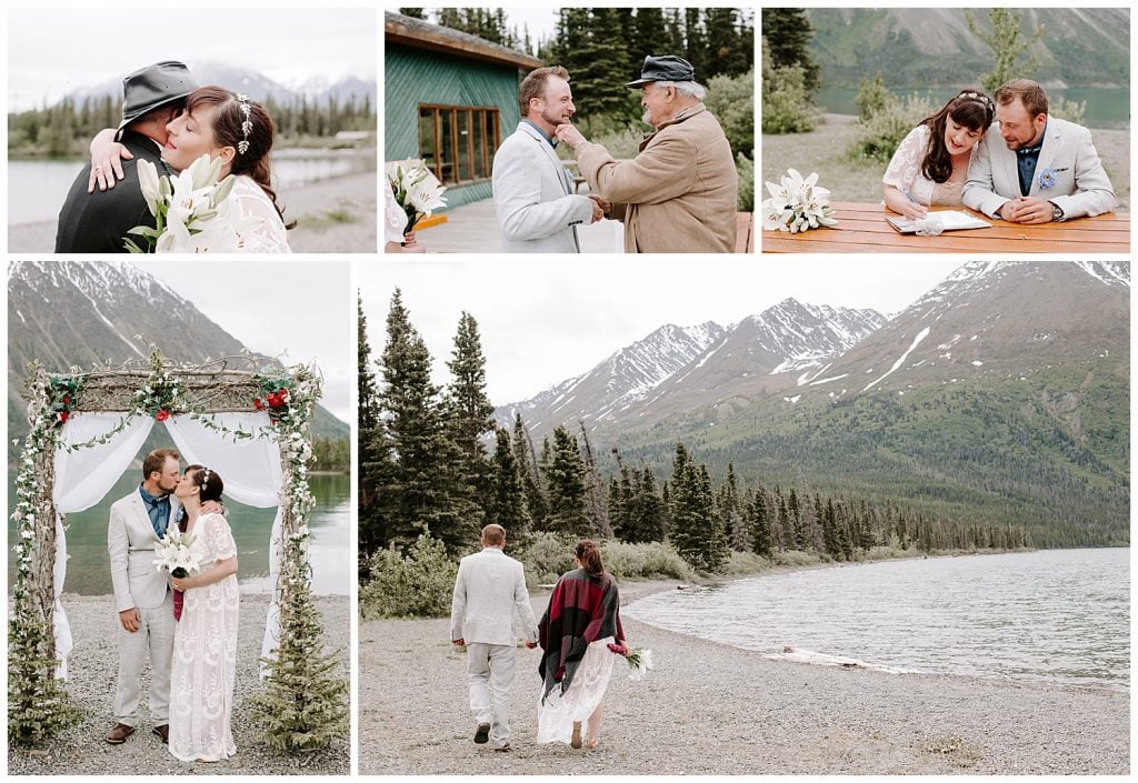 A series of photos that include the bride and groom signing their marriage license , having their first kiss at their small destination wedding, and walking along the shore at Kathleen Lake, Yukon